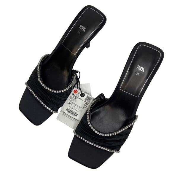 New Zara Crystal Trim Open Square Toe Black Satin Mule Slide Sandals Size 6.5 - Picture 5 of 15